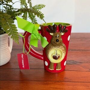 Pier 1 Festive Red Reindeer Mug with Green Accents